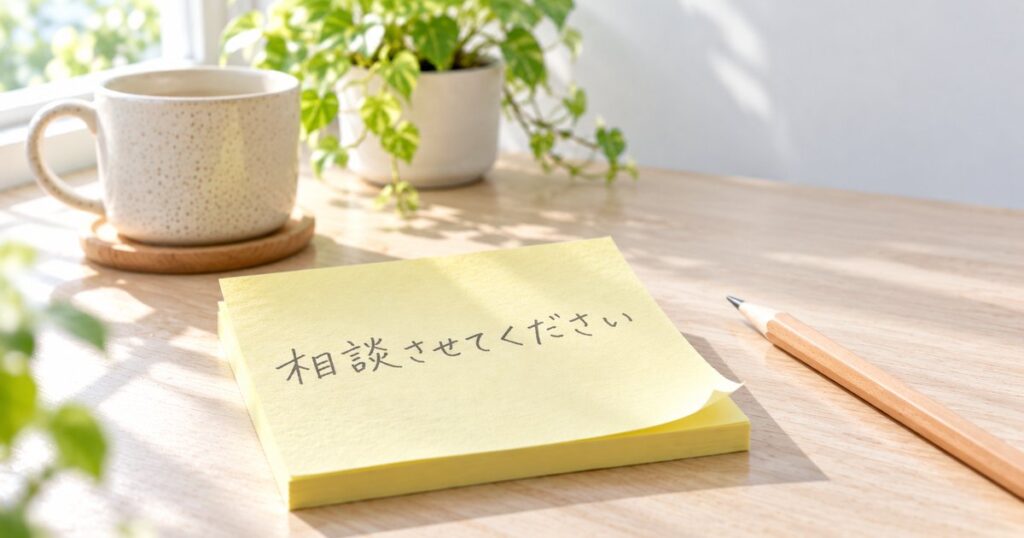 窓辺の机に置かれた、「相談させてください」と手書きされた付箋