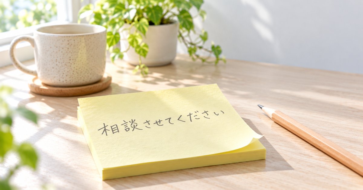 窓辺の机に置かれた、「相談させてください」と手書きされた付箋